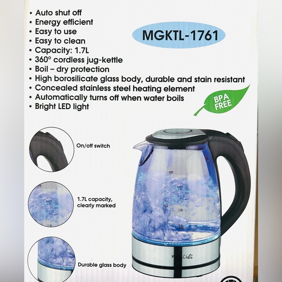Mega Chef 🆕 1.7 liter Glass & Stainless Steel Electric Tea Kettle - Picture 6 of 7